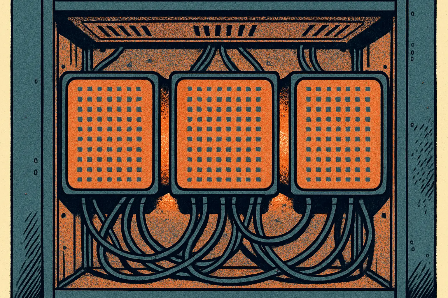 Cover illustration for Cerebras CS-4 Packs Three Wafer-Scale Chips in a Rack