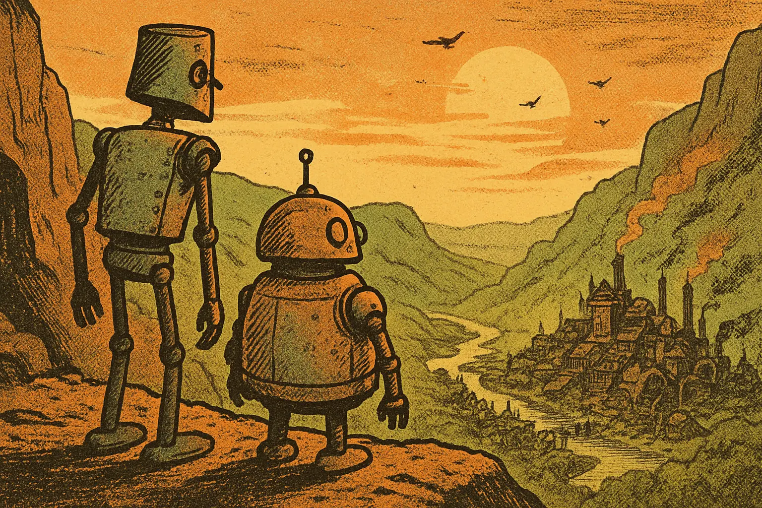Cover illustration for Machinarium 2 Announced: Two Robots, No Text, Hand-Drawn