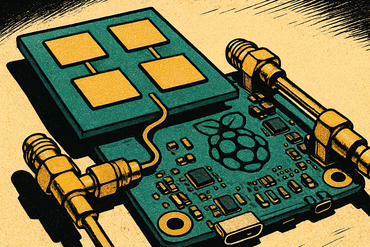 Cover illustration for QuadRF: A Raspberry Pi 5 4x4 MIMO SDR RF Camera Hits Crowd Supply